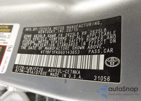 2016 Toyota Camry Le from USA, damaged, VIN 4T1BF1FK6GU143653